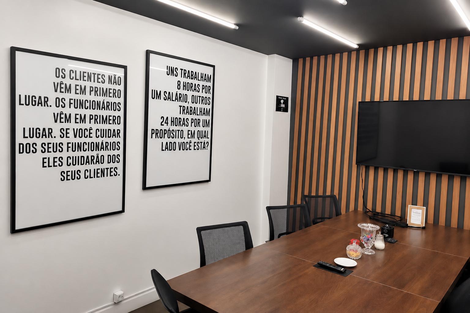 Sala de reunião com mesa de madeira e TV
