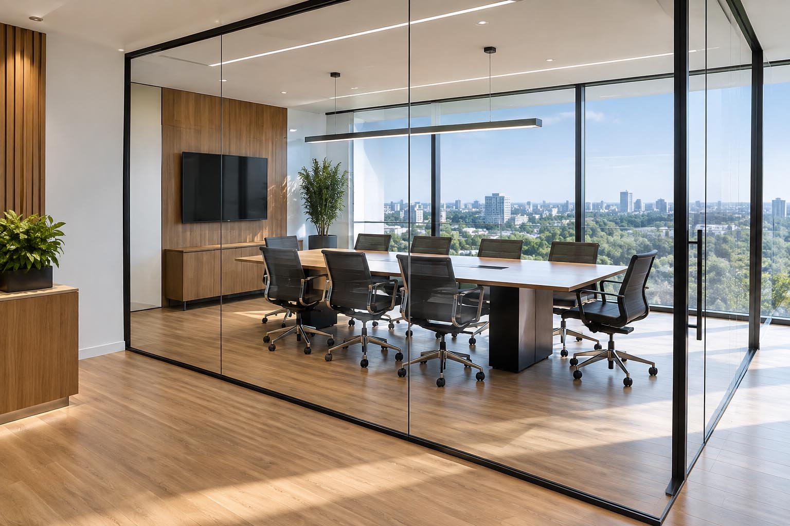 Sala de trabalho com paredes de vidro